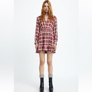 Zara Pink Plaid Long Sleeve Mini Flare Shirt Dress Size XS EUC.
